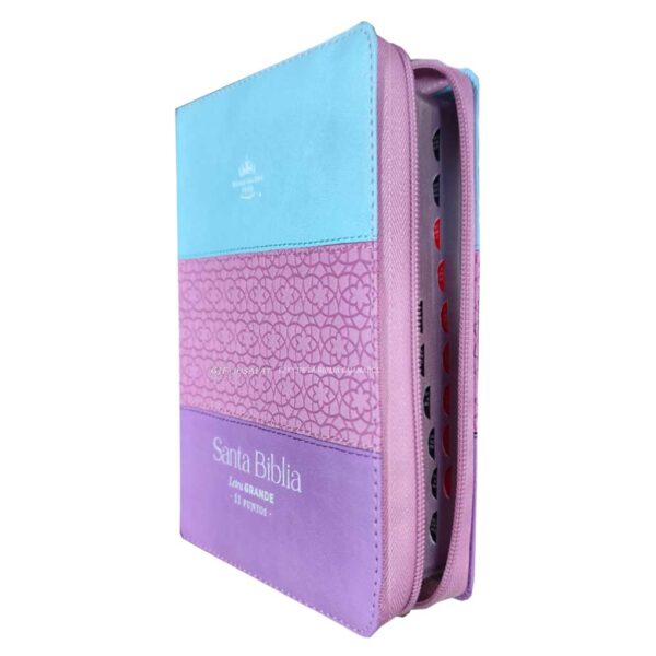 Biblia RVR 1960 Letra Grande 11 Pts Azul Rosa Fucsia tri tono Cierre e Índice MB