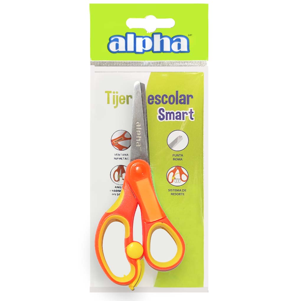 Tijera Escolar Smart naranja con Rebote y bandeja para nombre Alpha 5" | 13 cm