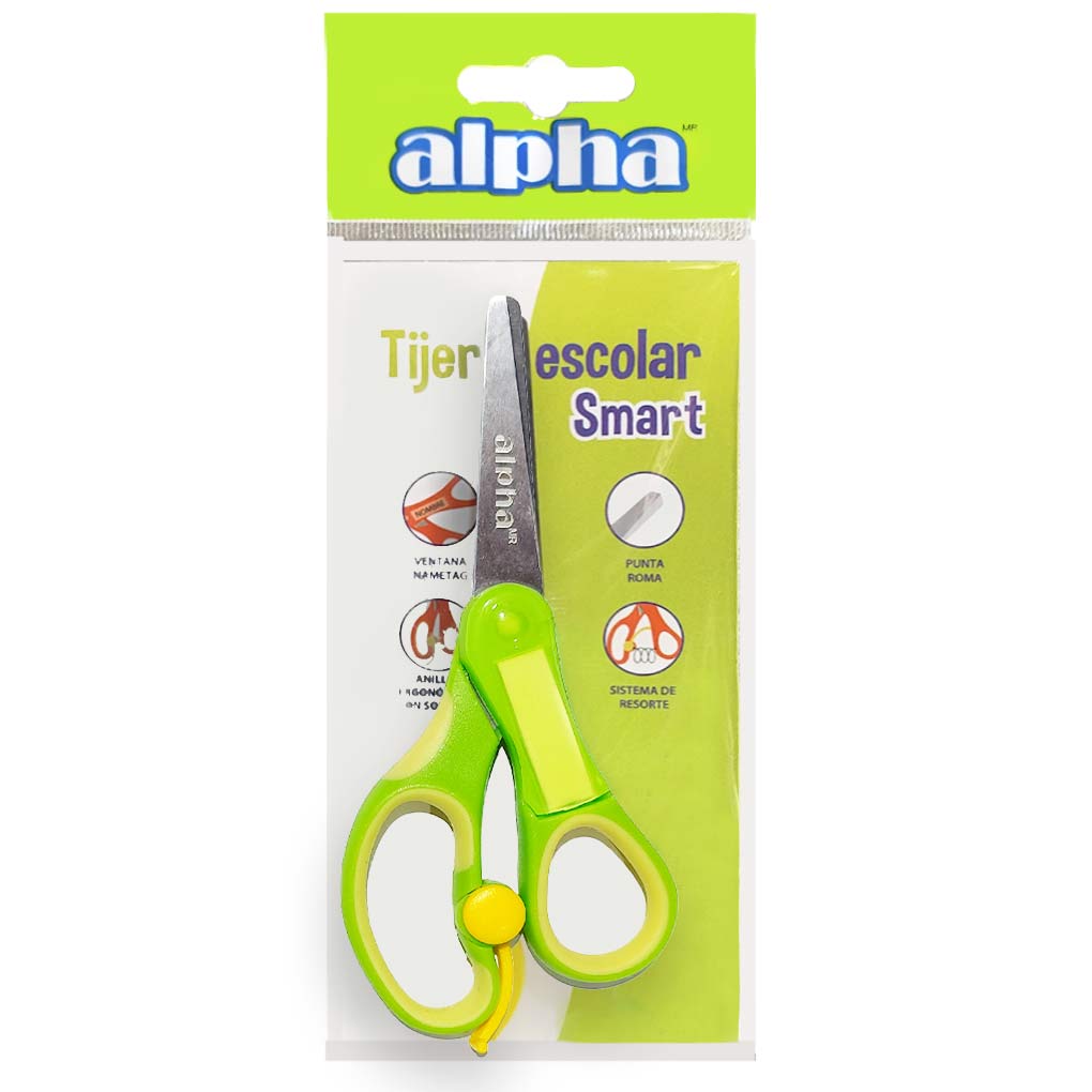 Tijera Escolar Smart Verde con Rebote y bandeja para nombre Alpha 5" | 13 cm