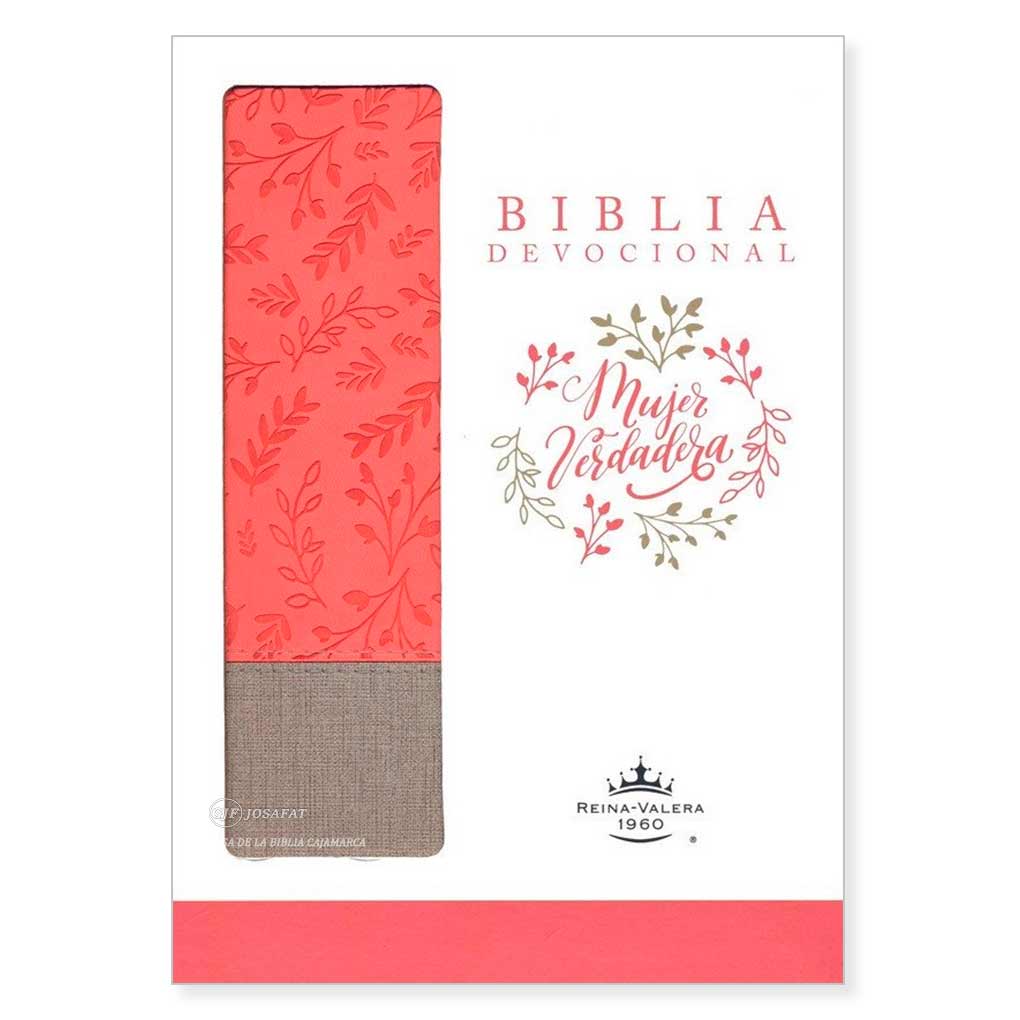 Biblia Devocional Mujer Verdadera RVR1960 Piel Coral Gris Duo Tono