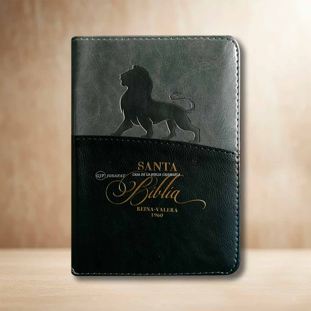 Biblia RVR1960 Compacta Tapa Simil Piel León Cierre Indice Negro Gris