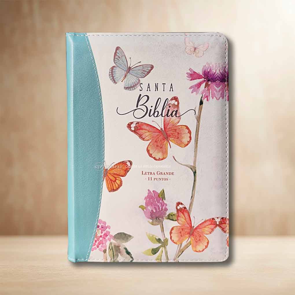 Biblia RVR1960 Manual Letra Grande 11 pts Tapa Simil Piel Cierre e Indice MB Mariposas Turqueza