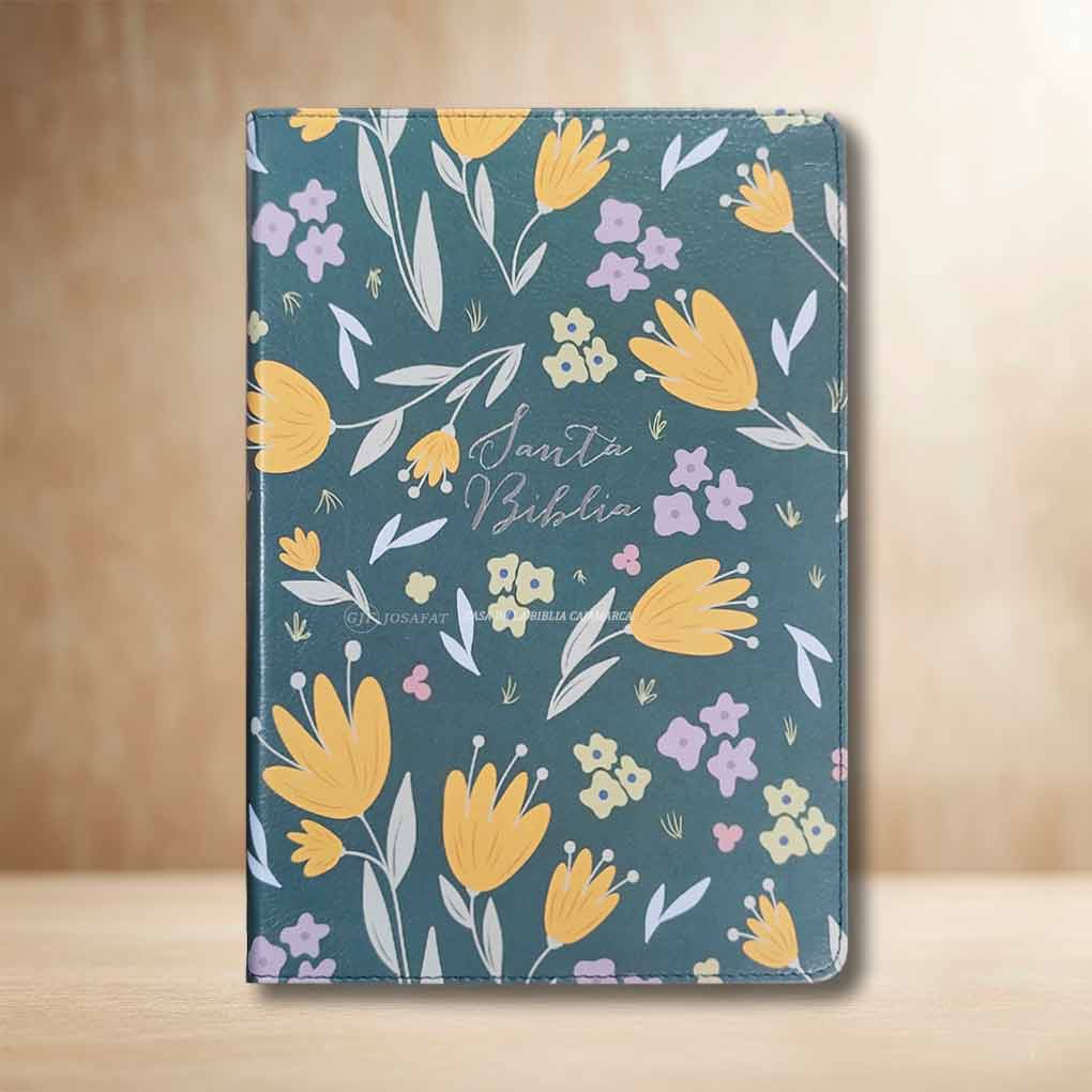 Biblia RVR1960 Letra Grande 12 pts Tapa Simil Piel Personal Cierre Indice Verde Flores