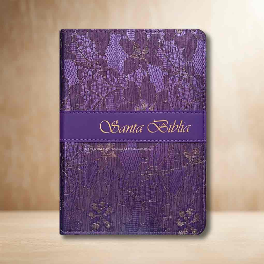 Biblia RVR1960 Manual Tapa Piel Tela Cierre Indice Lila Flores