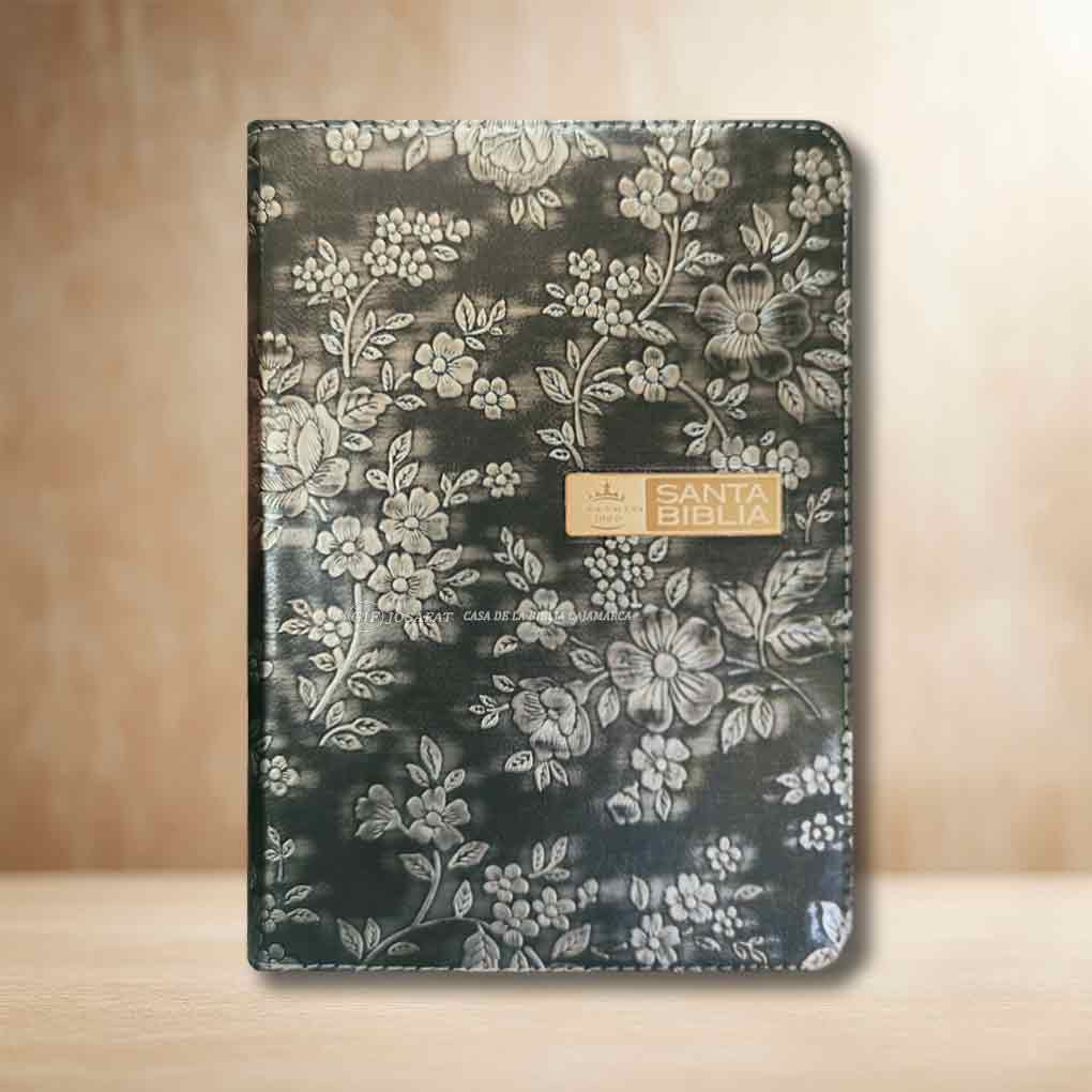 Biblia RVR1960 Manual Tapa Piel Cierre Indice Plateado Flores