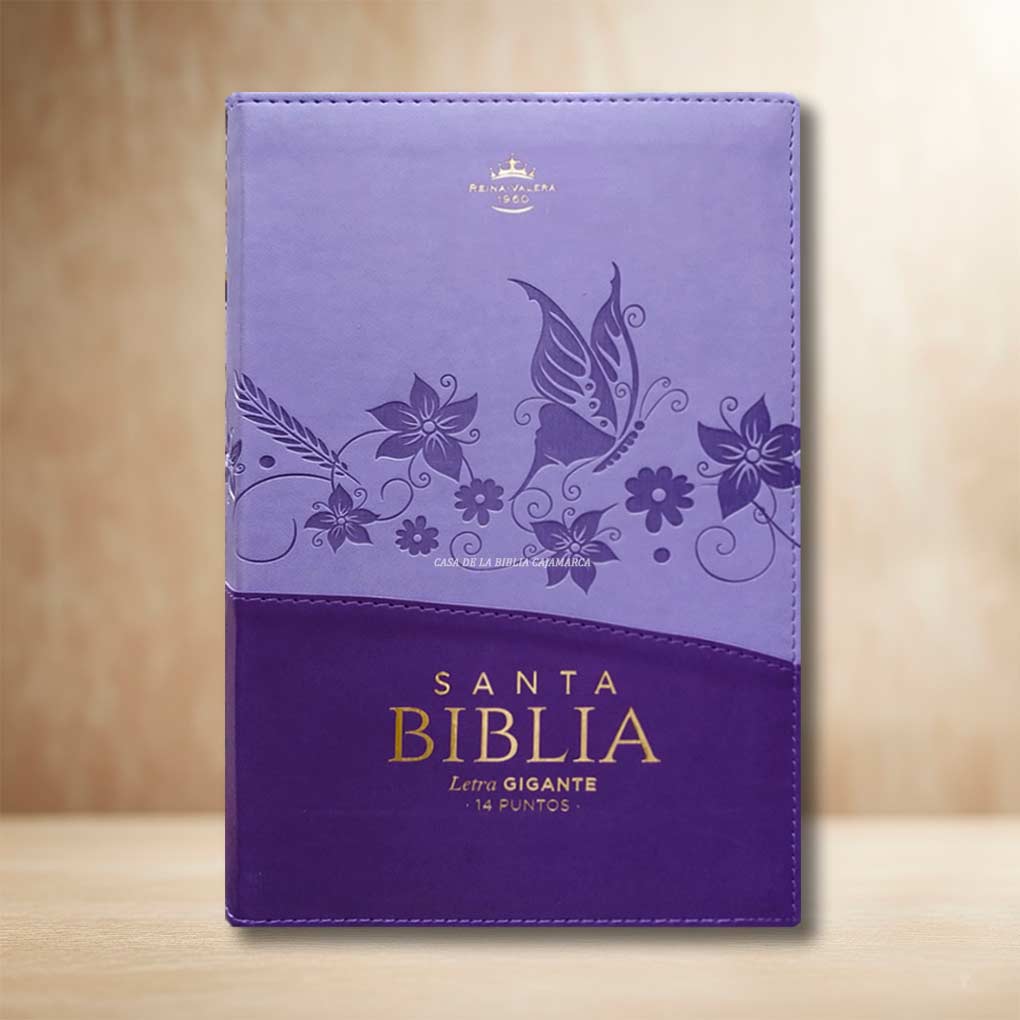 Biblia RVR1960 Letra Gigante 14 Pts Tapa Simil Piel Cierre Indice Personal MB Lila Morado Flores