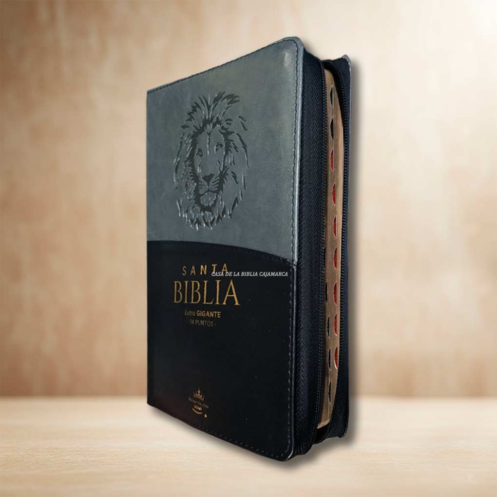 Biblia RVR1960 Letra Gigante 14 Pts Tapa Simil Piel Cierre Indice Personal MB Negro Gris León