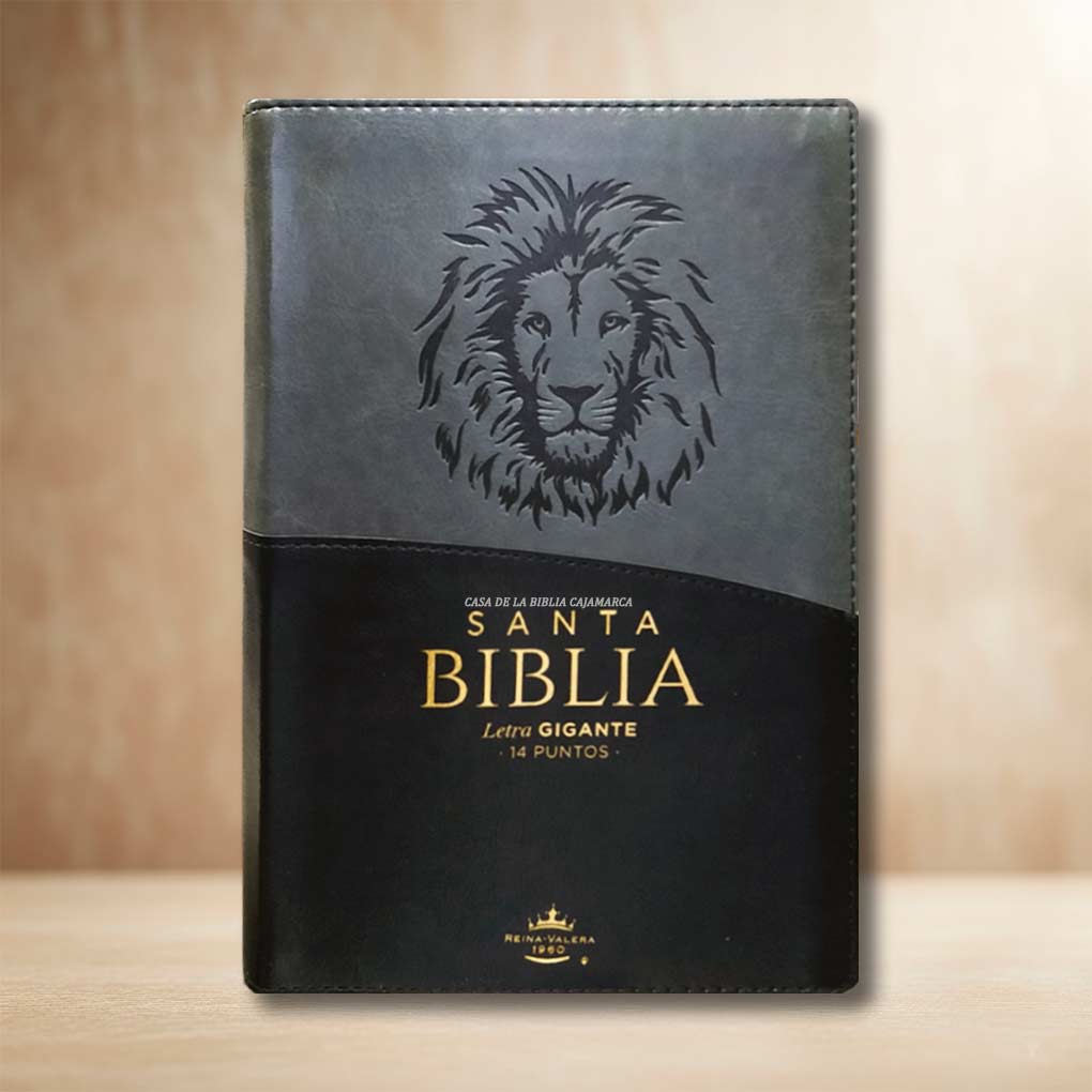 Biblia RVR1960 Letra Gigante 14 Pts Tapa Simil Piel Cierre Indice Personal MB Negro Gris León