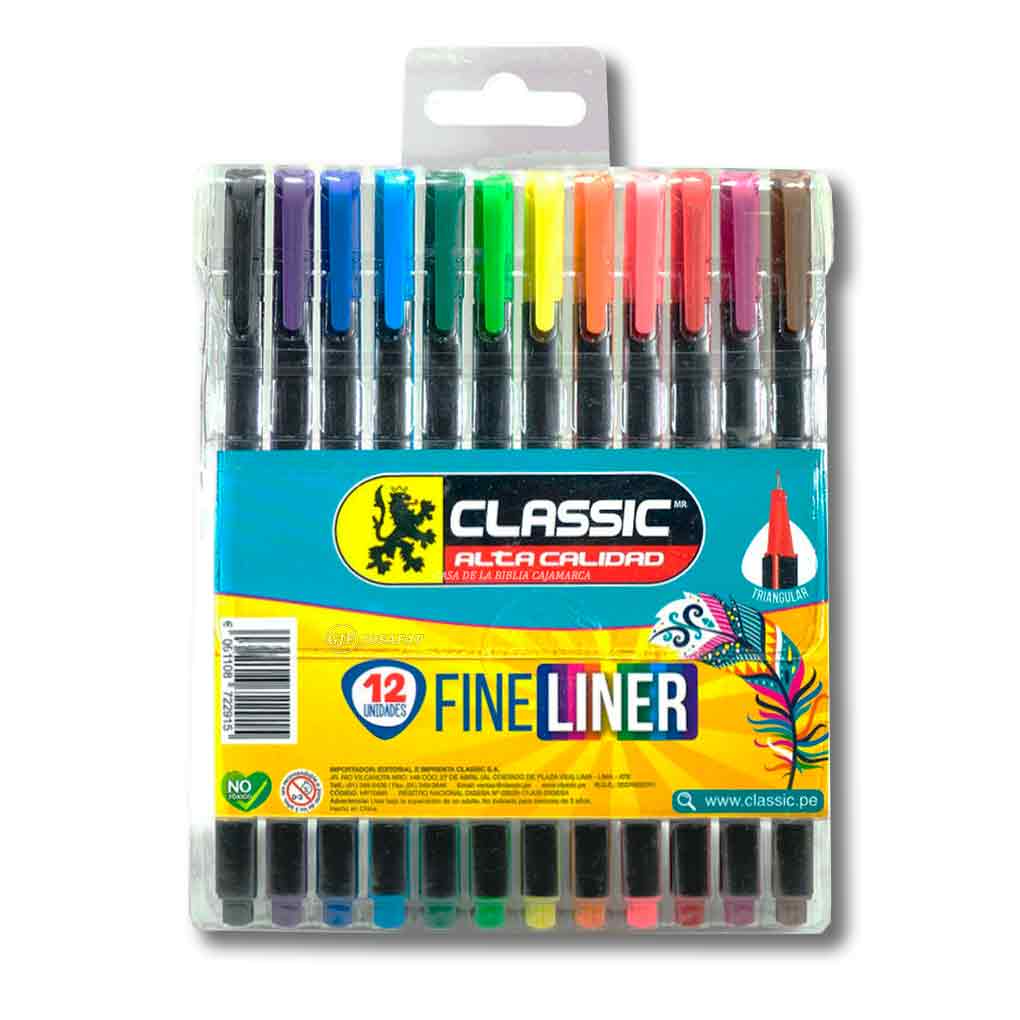 Plumones Largos Fineliner Classic x 12 unds