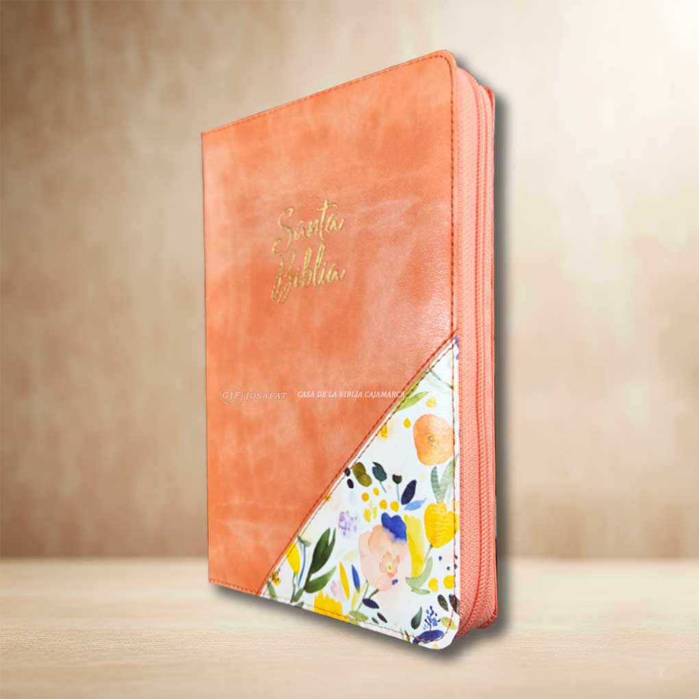 Biblia RVR1960 Letra Grande 12 pts Tapa Simil Piel Personal Cierre Indice Caramelo Floral