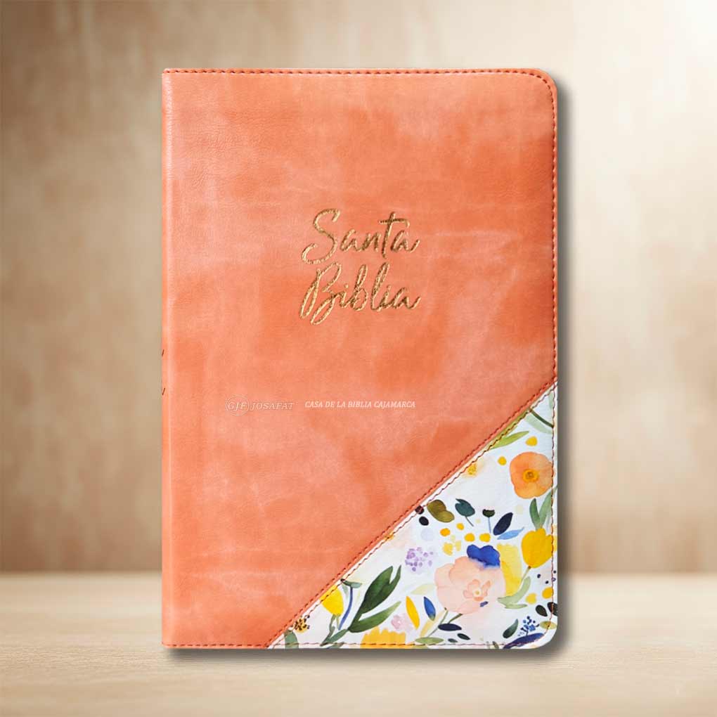 Biblia RVR1960 Letra Grande 12 pts Tapa Simil Piel Personal Cierre Indice Caramelo Floral
