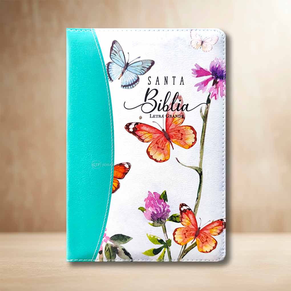 Biblia RVR1960 Personal Letra Grande 12 pts Tapa Simil Piel Mariposas Turquezas Cierre Indice MB
