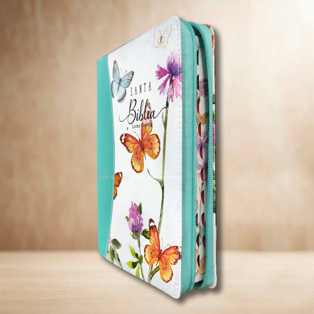 Biblia RVR1960 Personal Letra Grande 12 pts Tapa Simil Piel Mariposas Turquezas Cierre Indice MB