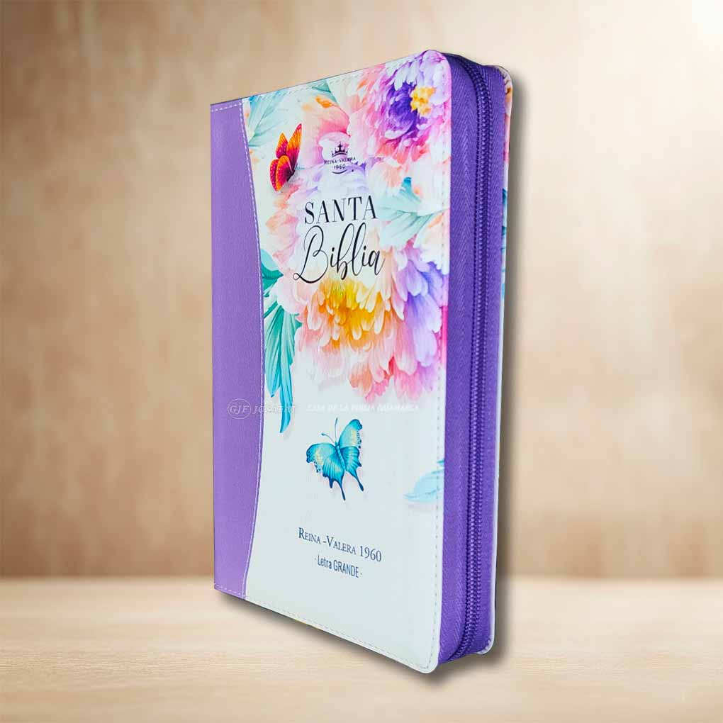 Biblia RVR1960 Personal Letra Grande 12 pts Tapa Simil Piel Jardin Lila Cierre Indice MB