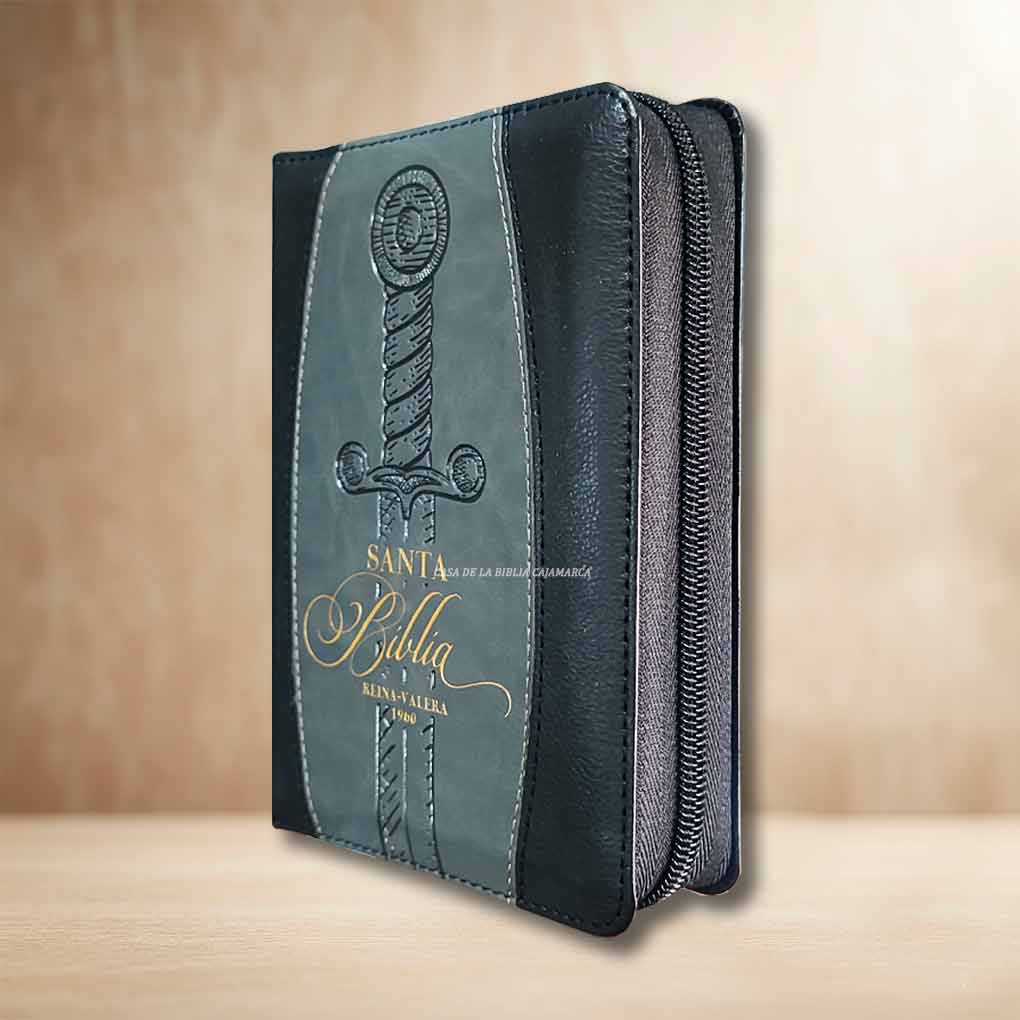 Biblia RVR1960 Compacta Tapa Simil Piel Espada Cierre Indice Negro Gris