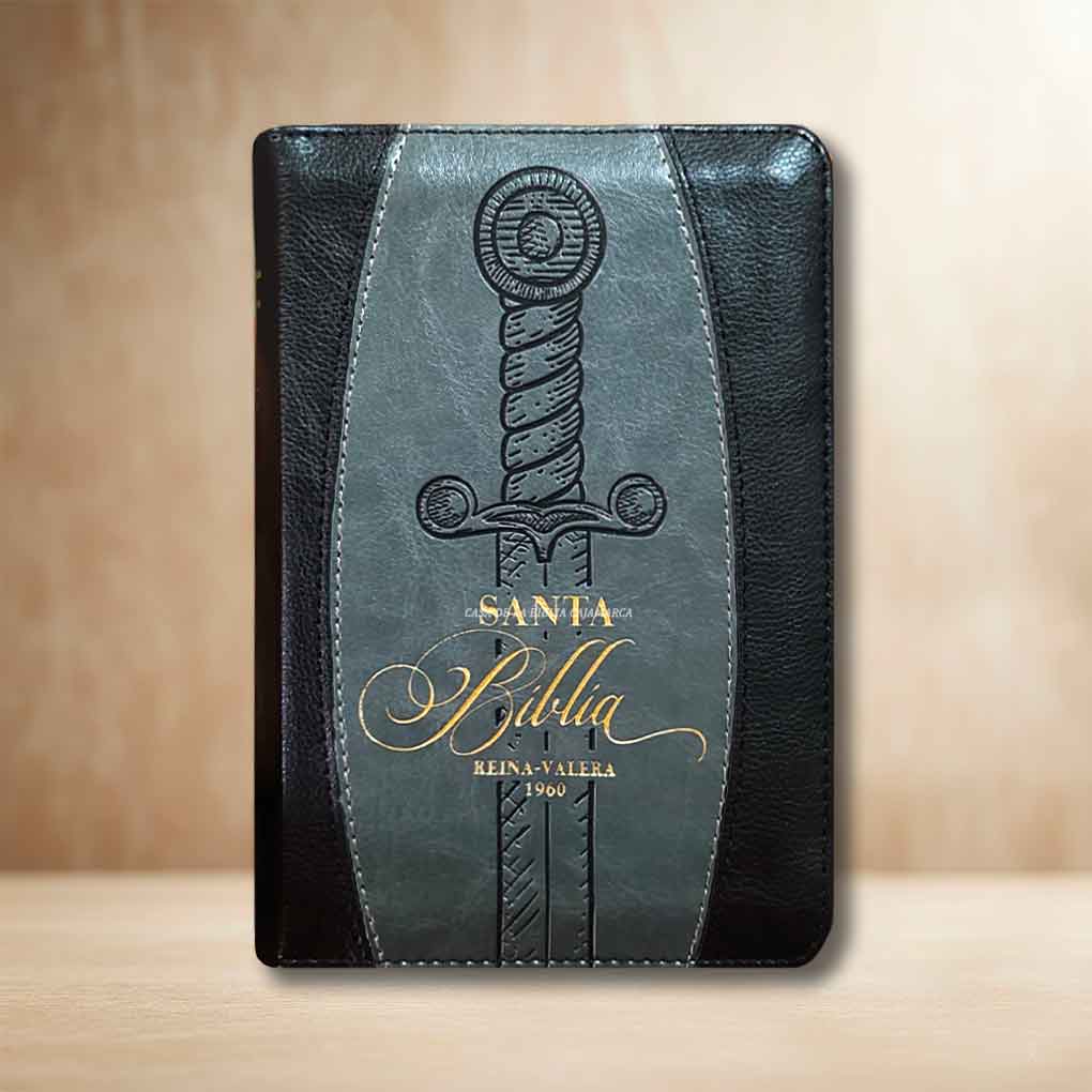 Biblia RVR1960 Compacta Tapa Simil Piel Espada Cierre Indice Negro Gris