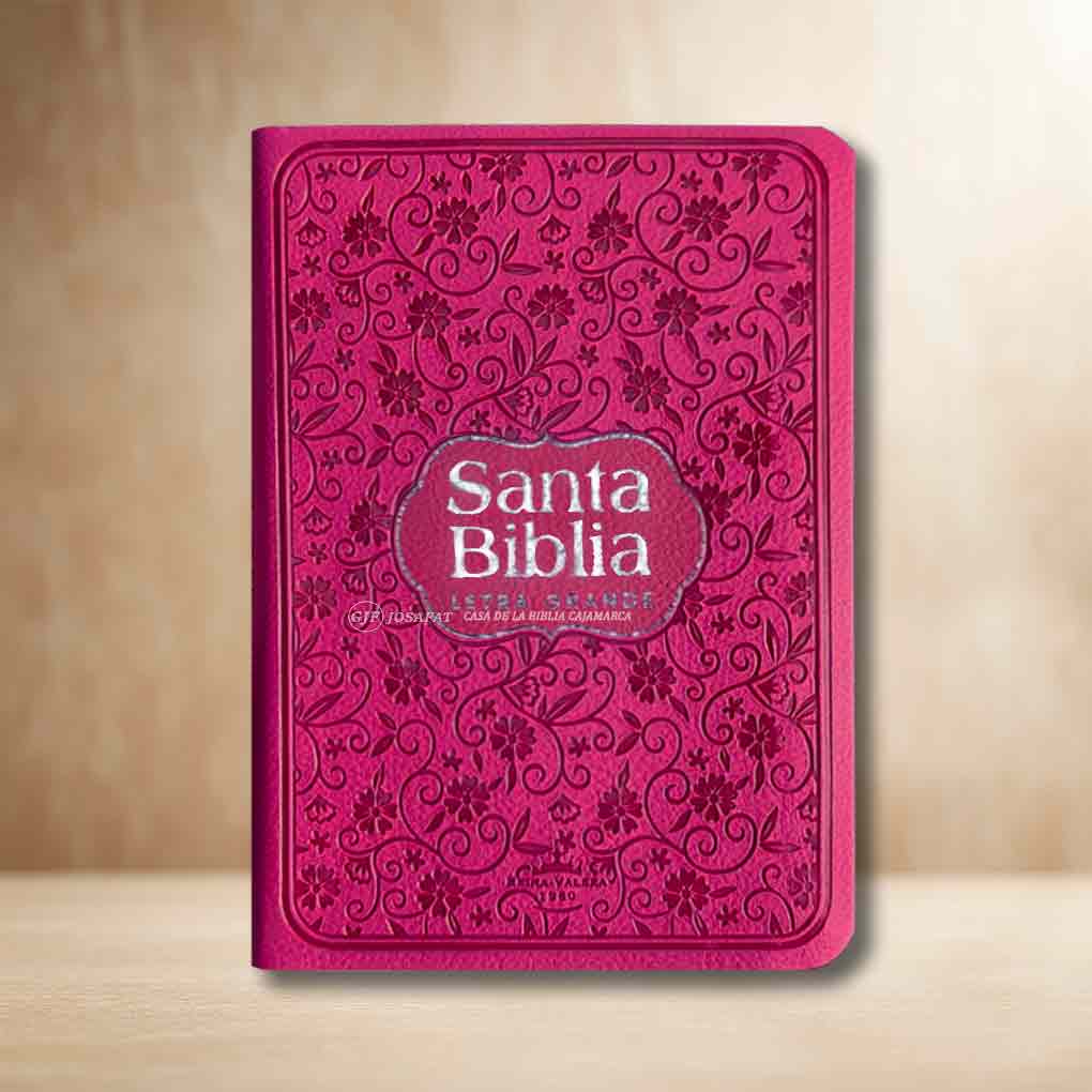 Biblia RVR1960 Manual Letra Grande 11pts Tapa Piel Flores Fucsia