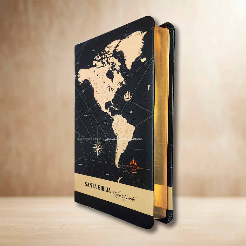 Biblia RVR1960 Personal Letra Grande 12 pts Tapa Simil Piel AT Mapa Mundi Negro Beige