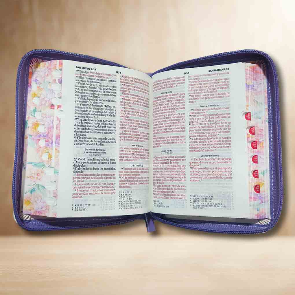 Biblia RVR1960 Compacta Tapa Simil Piel Cierre Indice Jardín Lila MB