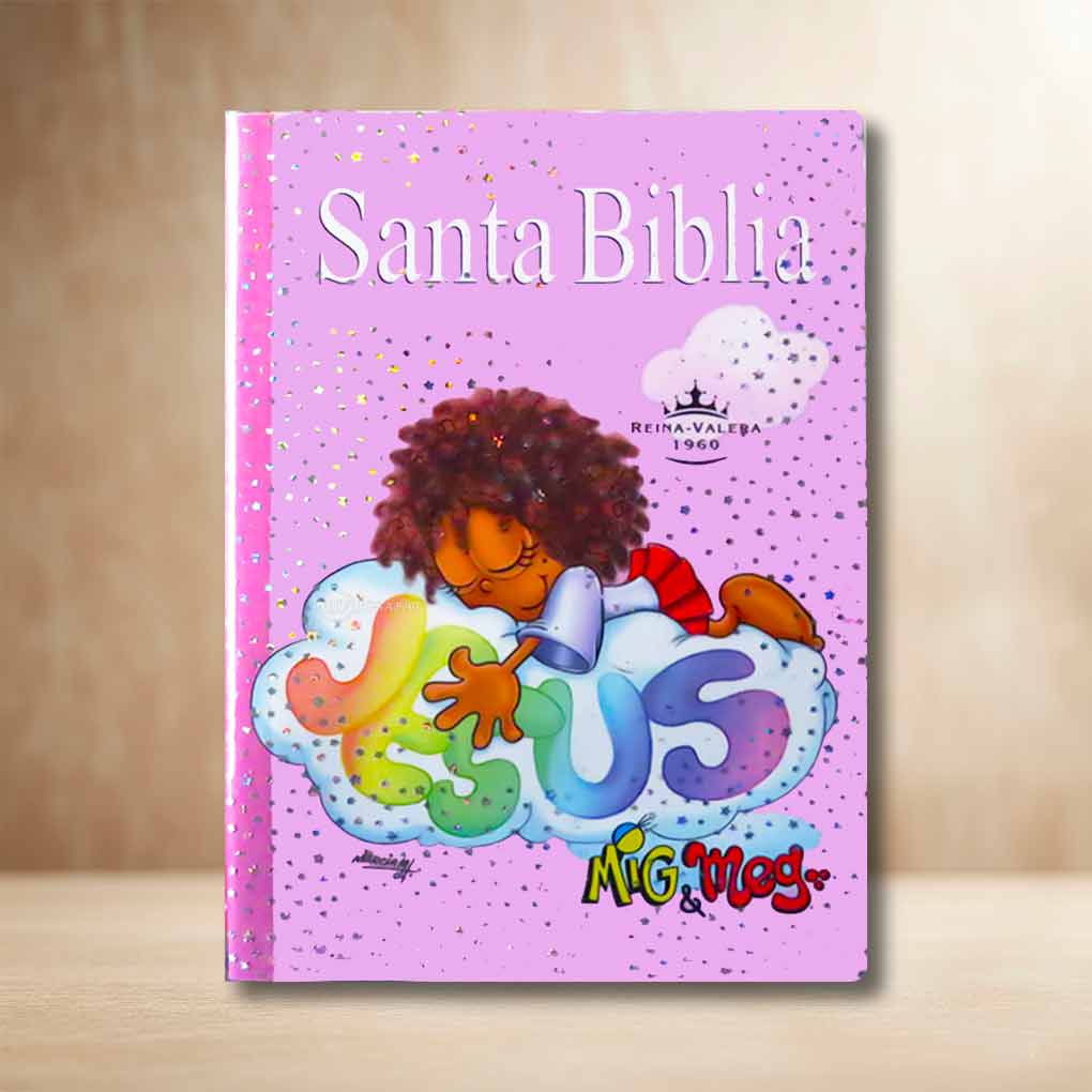 Biblia Para Niños Mig y Meg RVR1960 Tapa Rústica con Mica Rosado
